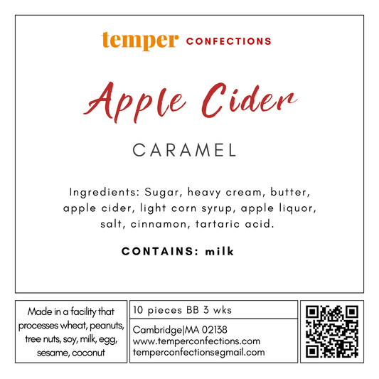 Temper Confections Apple Cider Caramel label with ingredients and contact information.