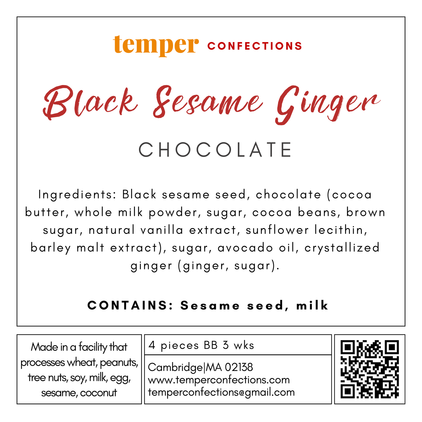 Temper Confections Black Sesame Ginger Chocolate label with ingredients and contact information.