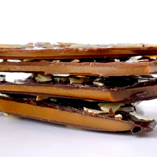 Close-up of layered chocolate and toffee candy on a white background