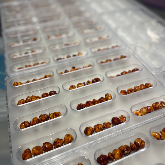 Clear plastic tray with small compartments containing brown seeds or similar objects.