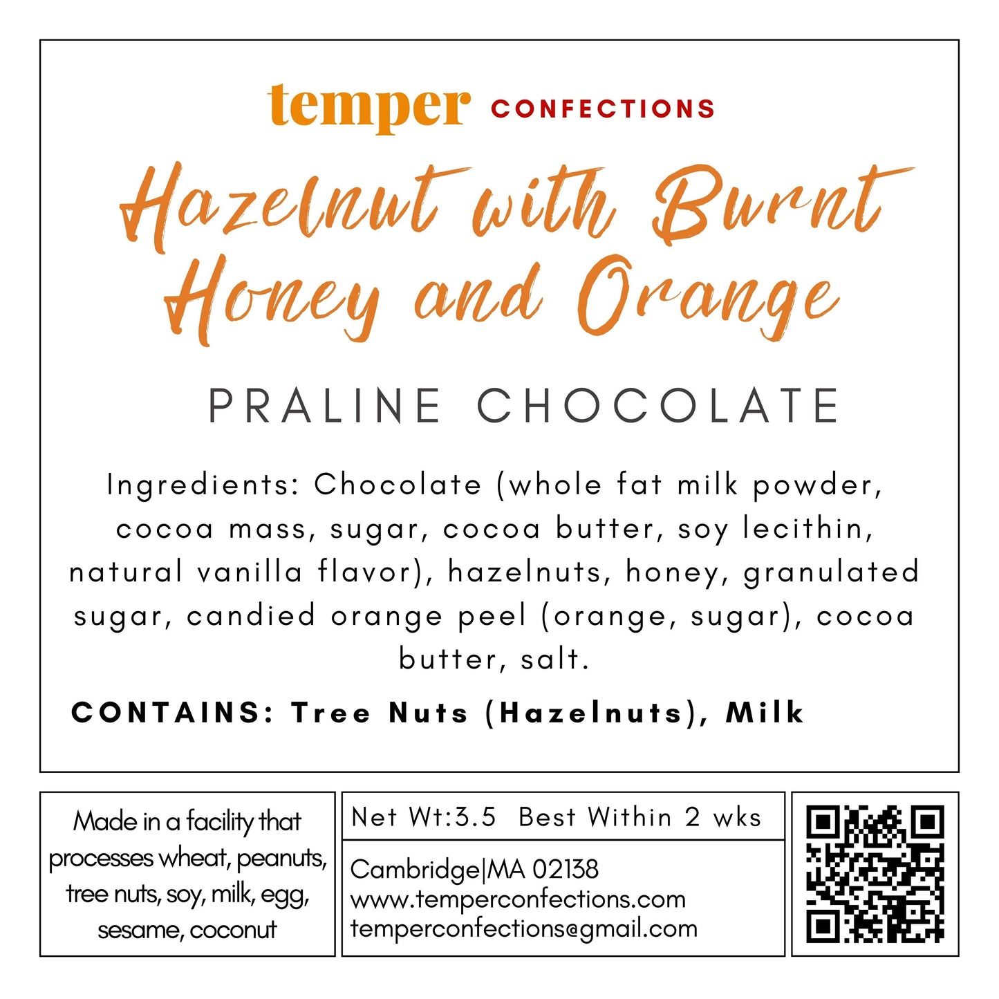 Temper Confections praline chocolate label with ingredients and contact information.