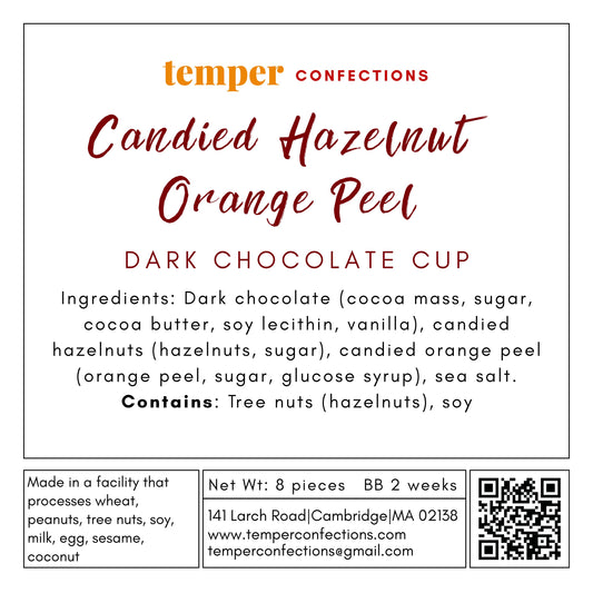 Ingredient Label for Candied Hazelnut and Candied Orange Peel Dark Chocolate Cup