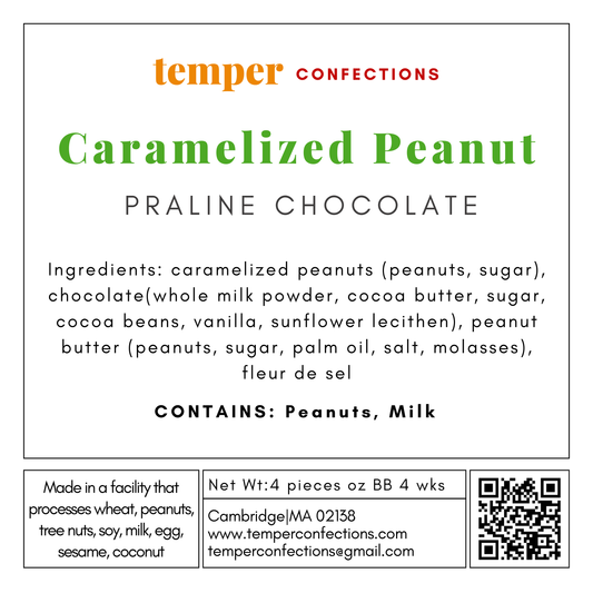 Label for Caramelized Peanut Praline Chocolate from Temper Confections with ingredients and contact information.