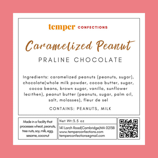 Ingredient label for the caramelized peanut praline chocolate