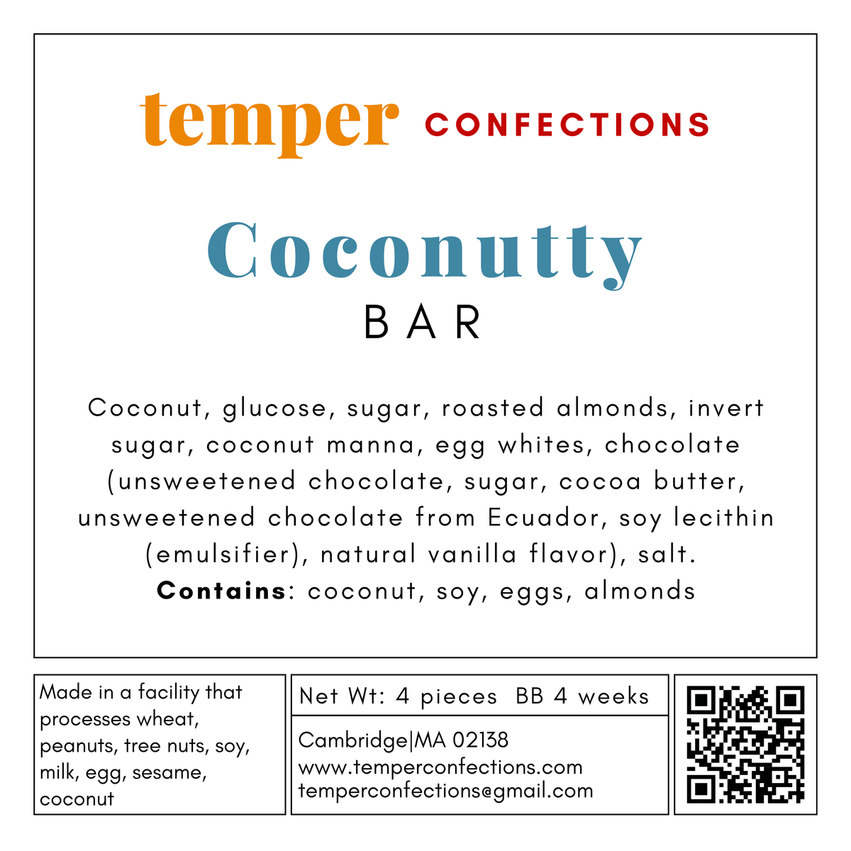 A square product label for Temper Confections Coconut Bar, showing the brand name 'temper CONFECTIONS' at the top, the product name 'Coconutty BAR' in large blue text, a list of ingredients, allergen information, net weight, website, email, and a QR code on a white background.