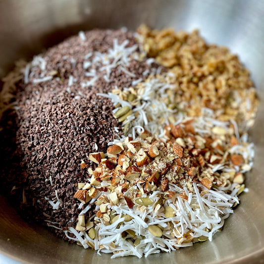 Bowl of ingredients for Dark Chocolate Granola