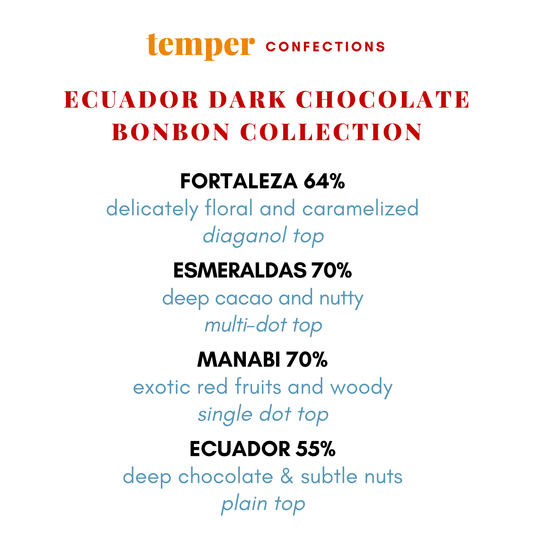 Temper Confections Ecuador Dark Chocolate Bonbon Collection description on a white background