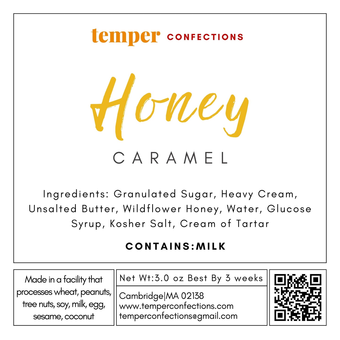 Temper Confections Honey Caramel label with product details and branding.