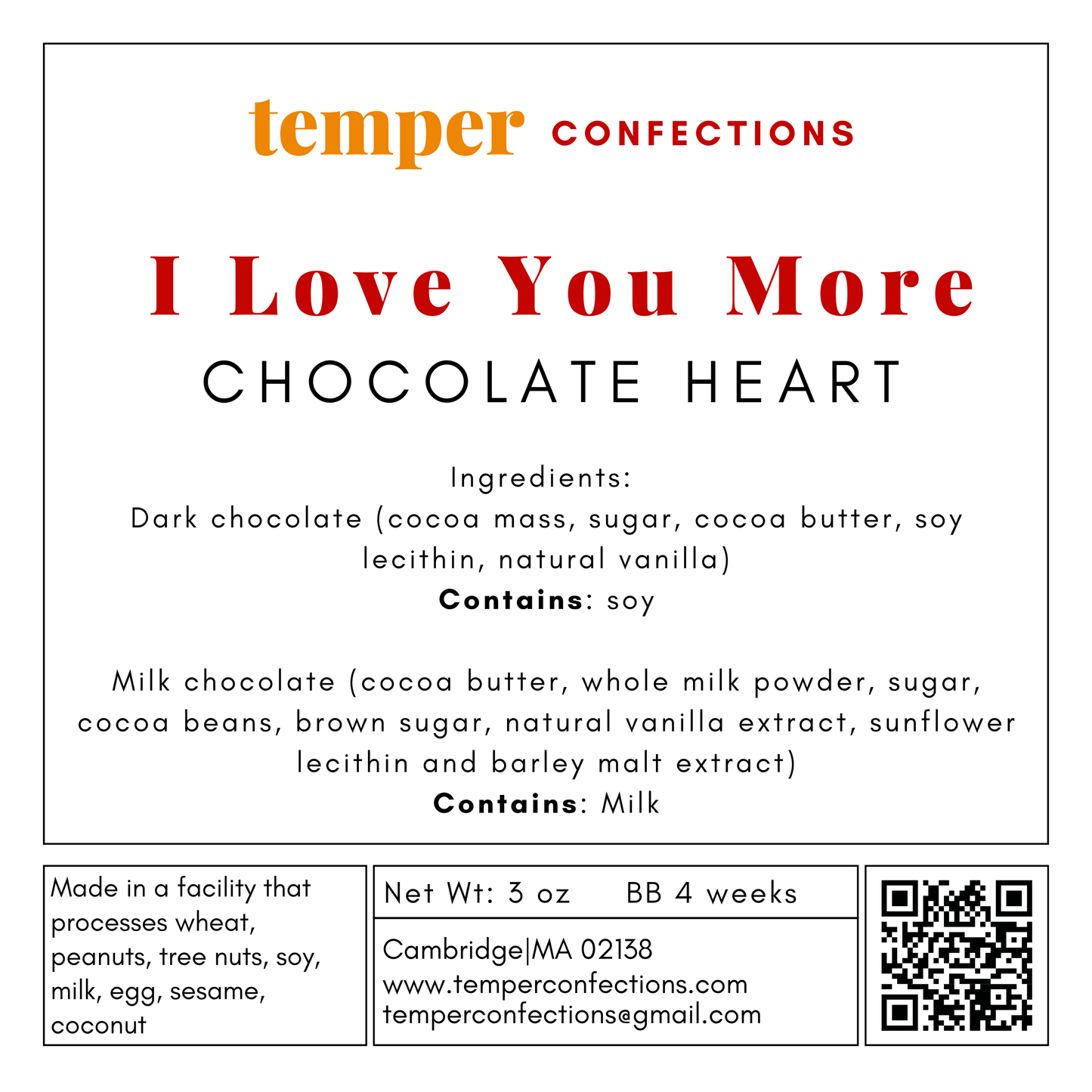 Chocolate heart packaging with 'I Love You More' text and temper confections branding.