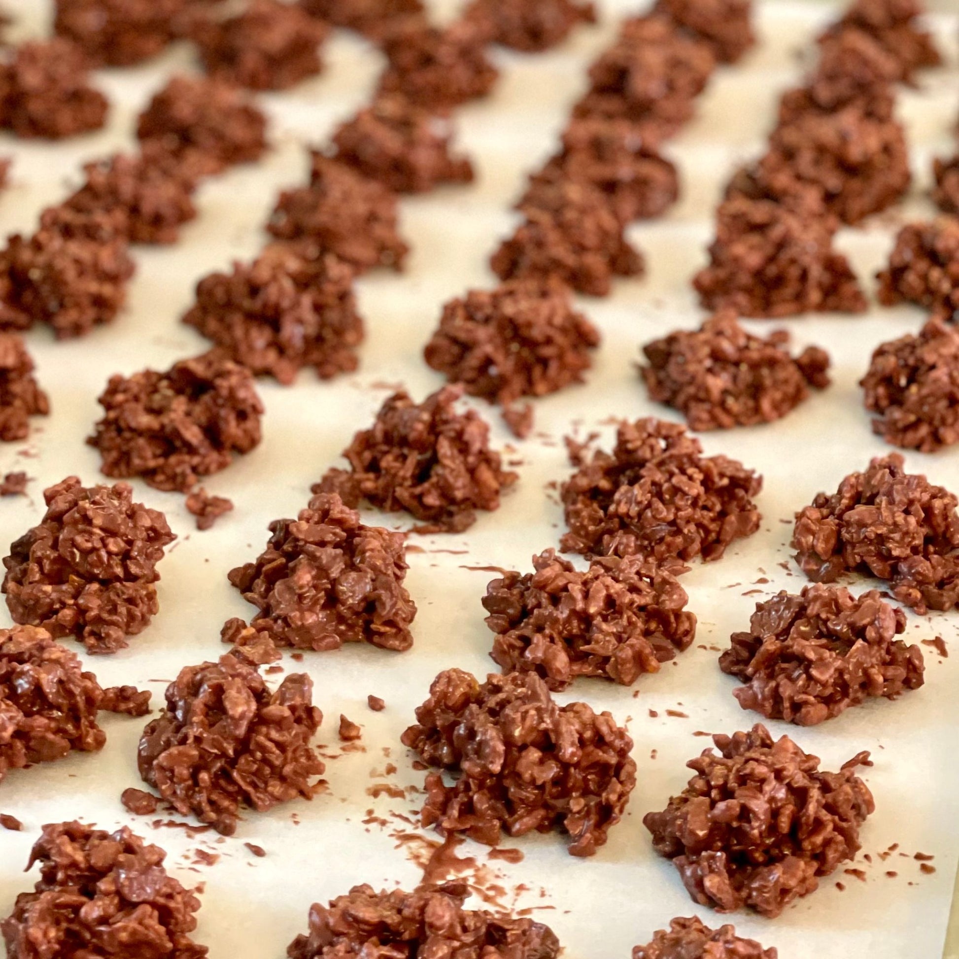 Mini rochers line up in a grid on a parchment paper.
