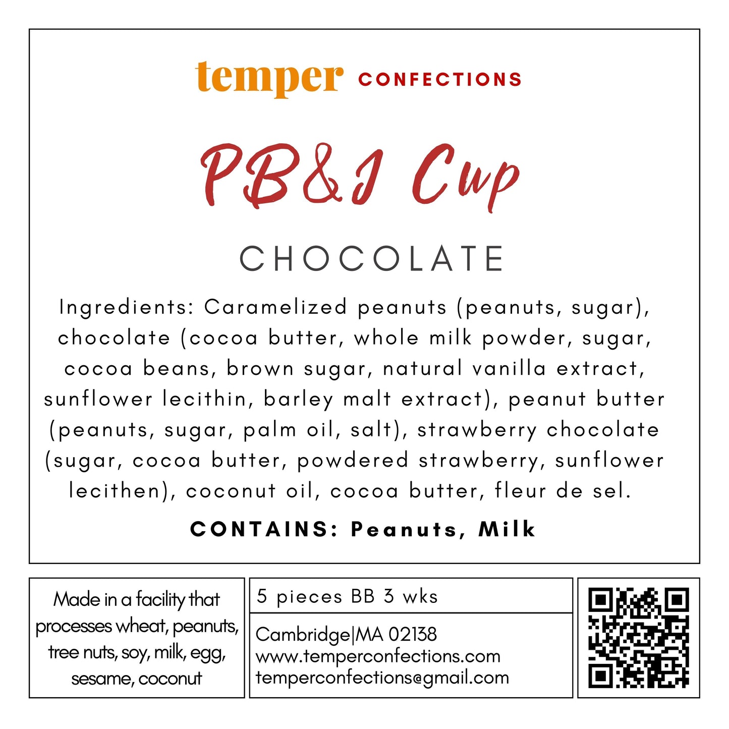 Temper Confections PB&J Cup Chocolate packaging with ingredient list and contact information.