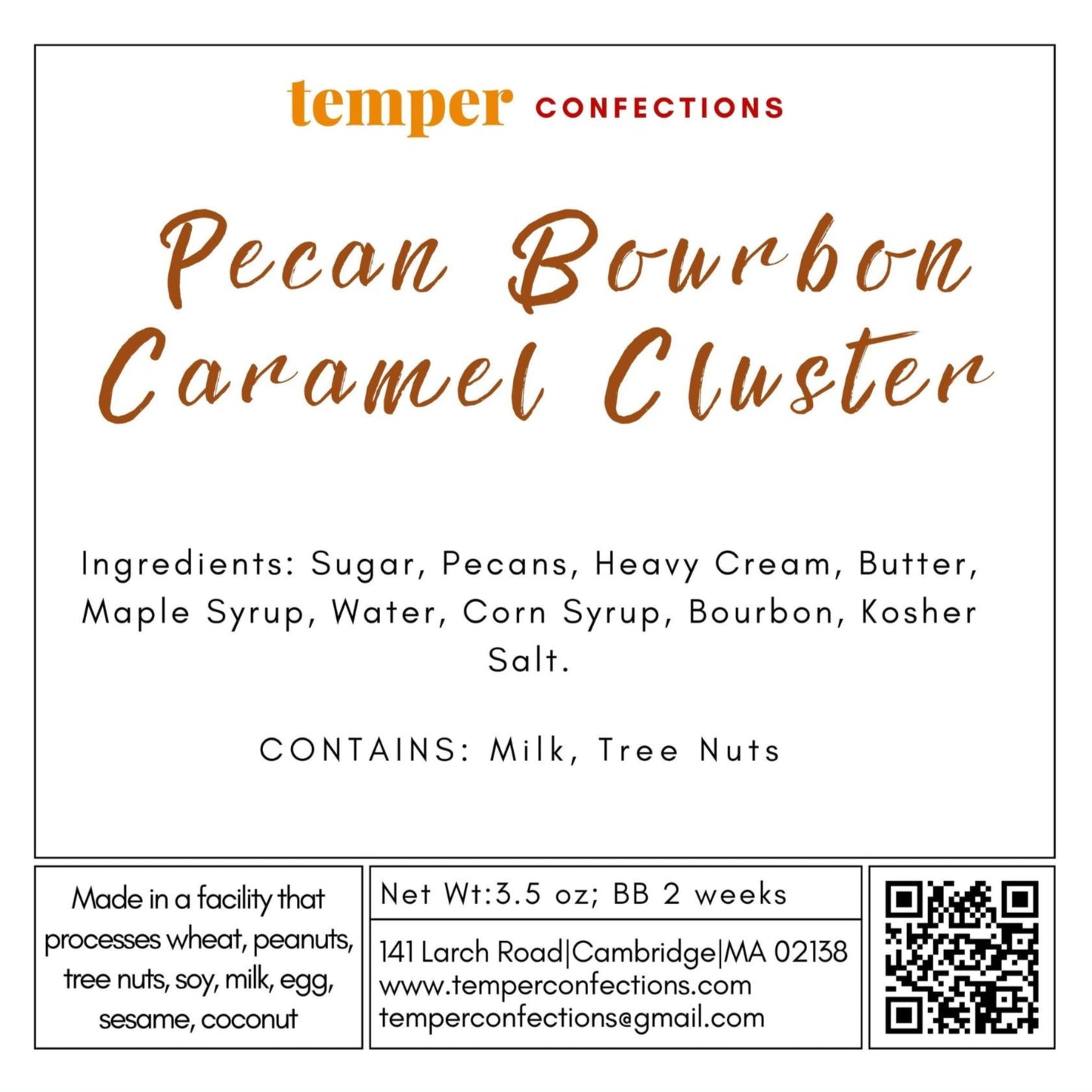 Ingredient label for pecan bourbon caramel cluster