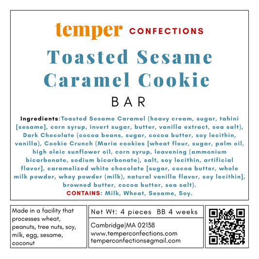 Label for Toasted Sesame Caramel Cookie Bar from Temper Confections with ingredients list and contact information.