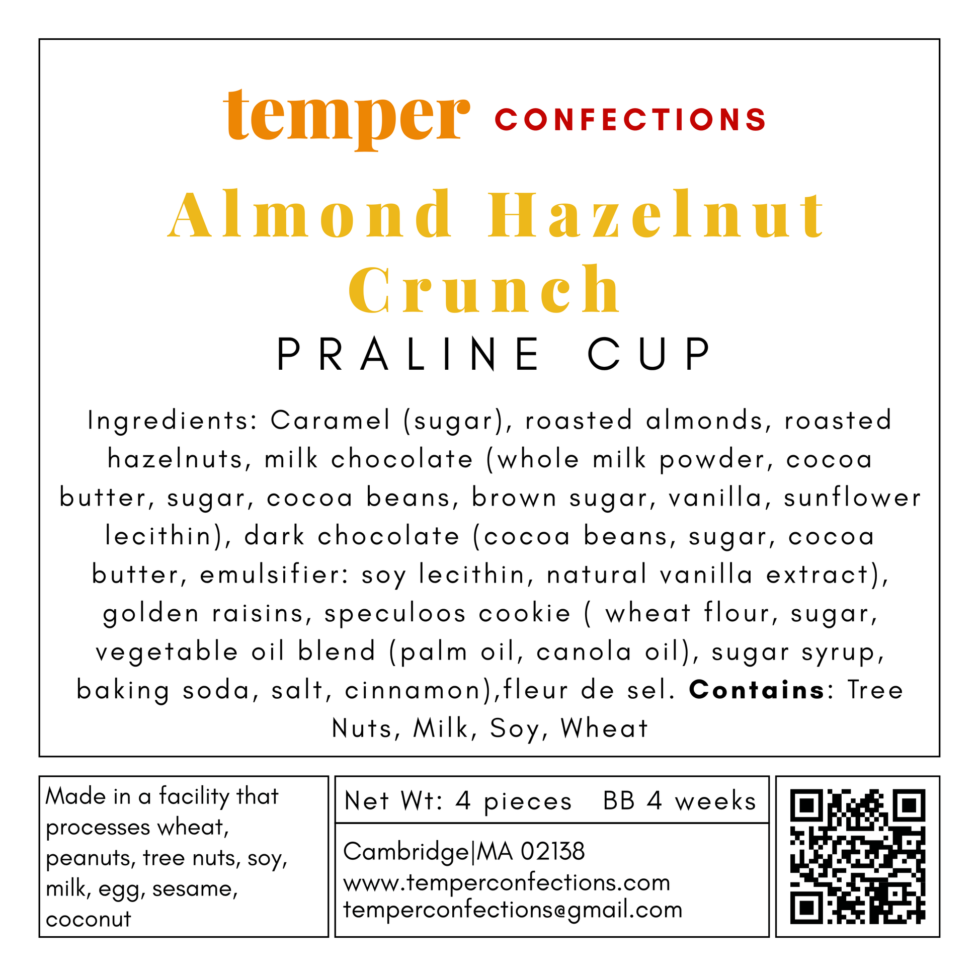Temper Confections Almond Hazelnut Crunch Praline Cup label with ingredients and contact information.