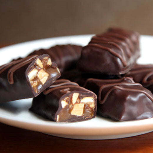 Chocolate-covered treats on a white plate with a blurred background