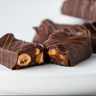 Chocolate-covered treats on a white plate with a blurred background