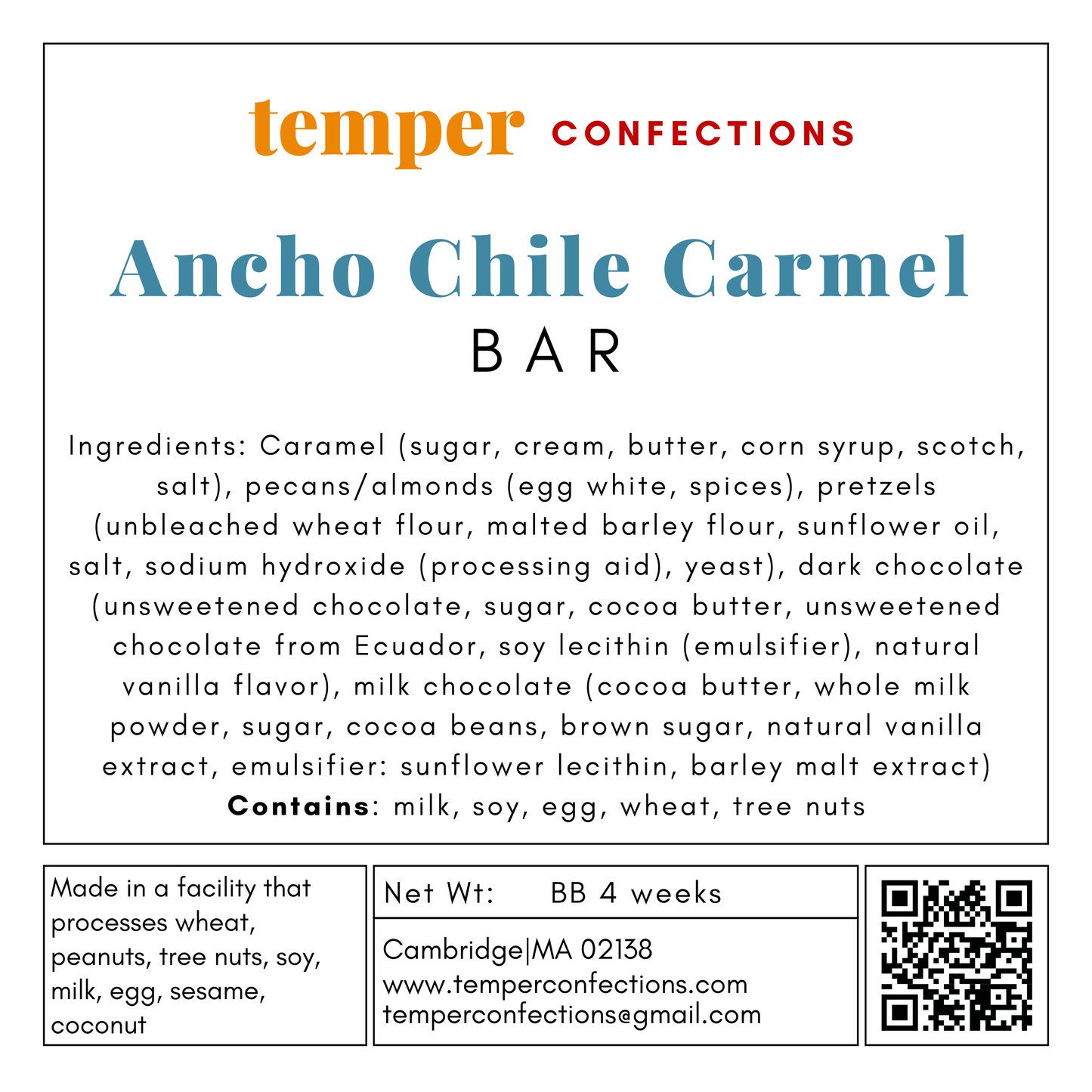 Label for Ancho Chile Carmel bar from Temper Confections with ingredient list and contact information.