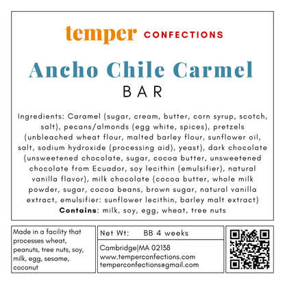 Label for Ancho Chile Carmel bar from Temper Confections with ingredient list and contact information.
