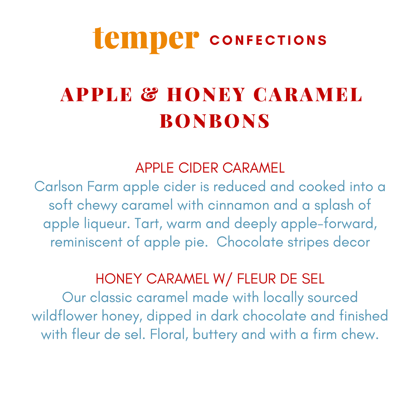 A text-based product information card for Temper Confections Apple & Honey Caramel Bonbons, showing descriptions of Apple Cider Caramel and Honey Caramel W/ Fleur De Sel in red and blue text on a white background.