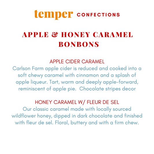 A text-based product information card for Temper Confections Apple & Honey Caramel Bonbons, showing descriptions of Apple Cider Caramel and Honey Caramel W/ Fleur De Sel in red and blue text on a white background.