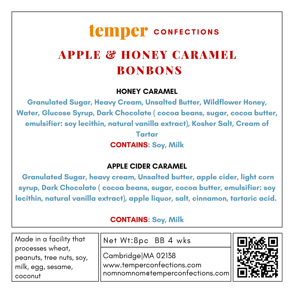 A flat label card for Temper Confections Apple & Honey Caramel Bonbons, showing flavor ingredients, allergen information, net weight, and a QR code on a white background.