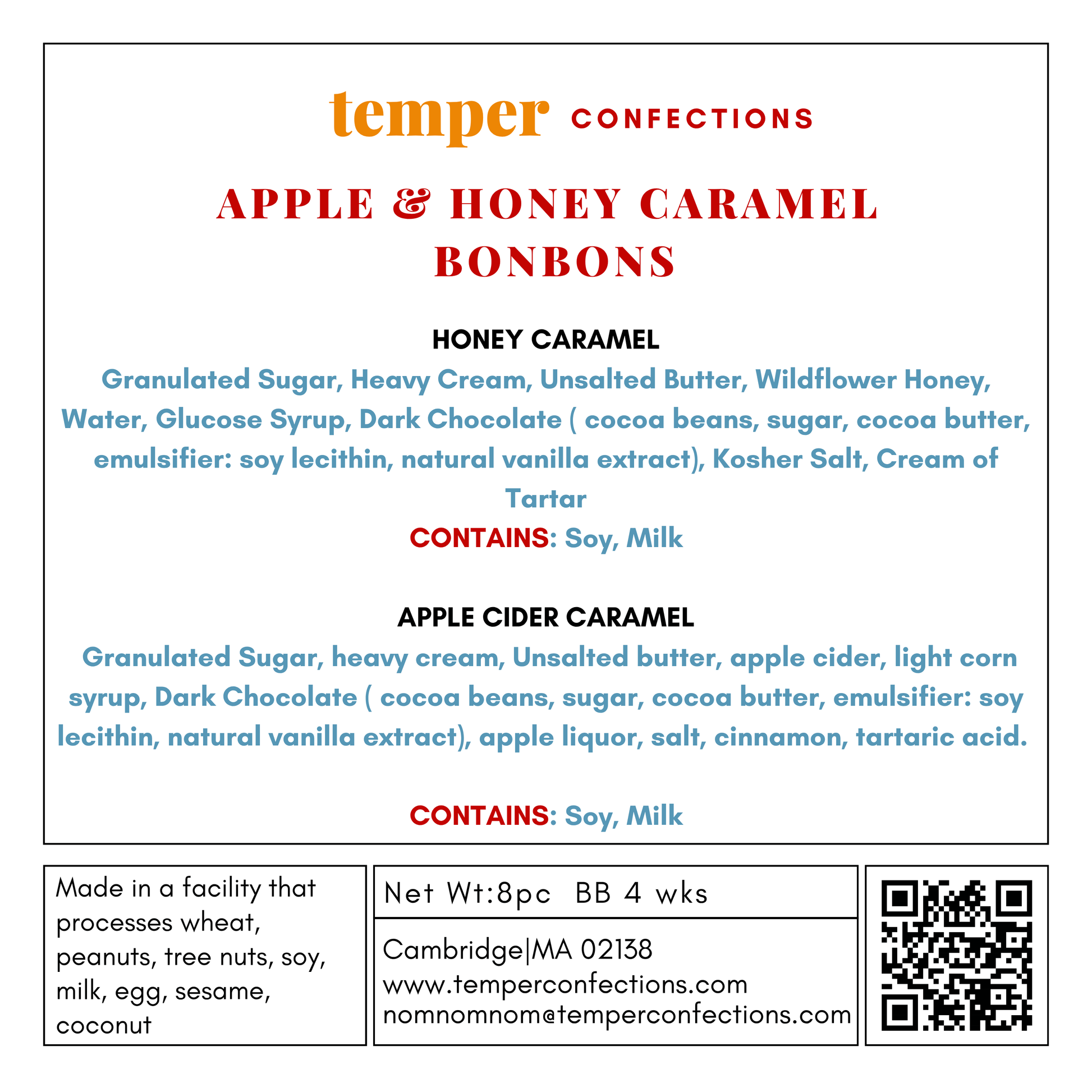 A flat label card for Temper Confections Apple & Honey Caramel Bonbons, showing flavor ingredients, allergen information, net weight, and a QR code on a white background.
