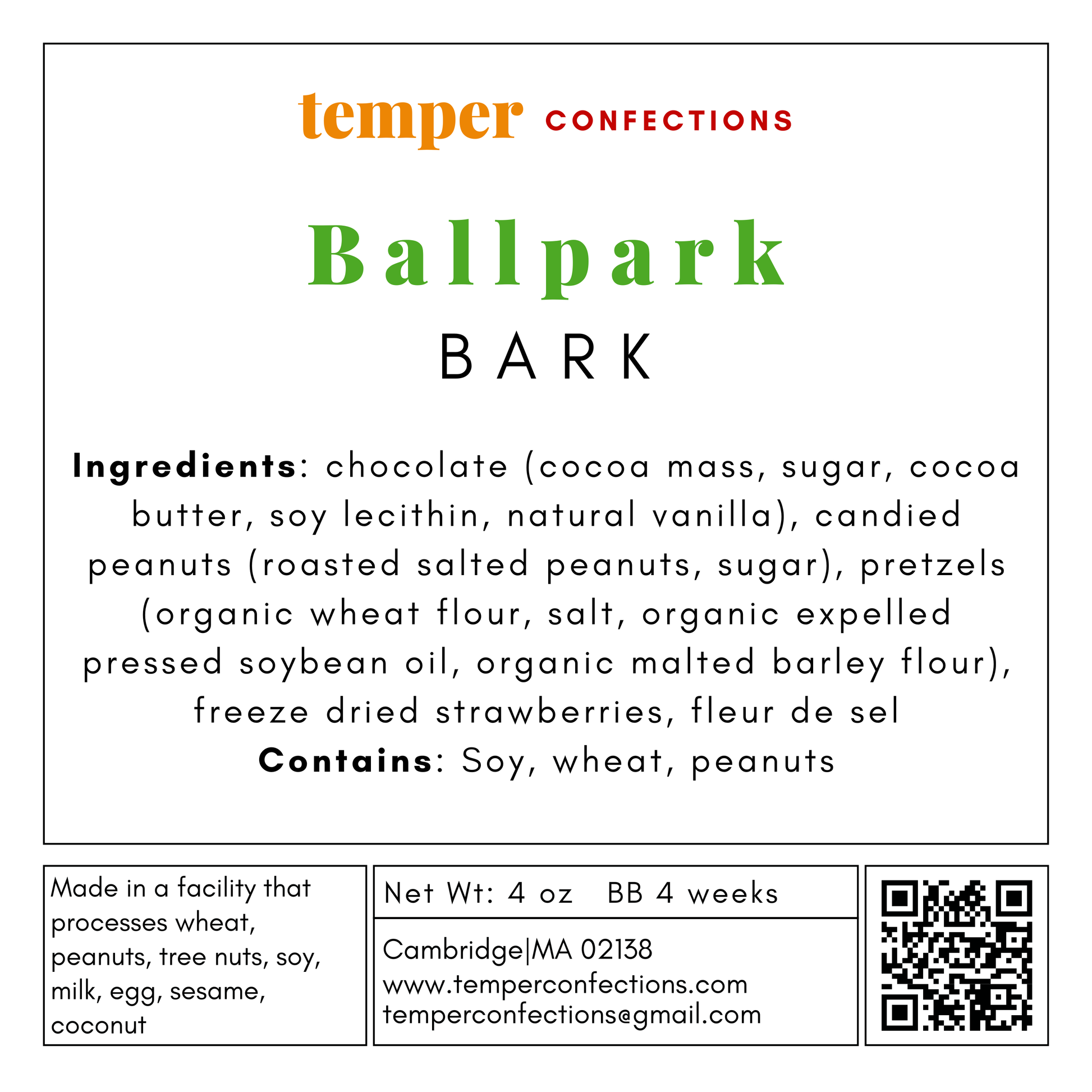 Label for Temper Confections Ballpark Bark with ingredients and contact information.