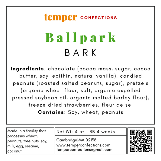 Label for Temper Confections Ballpark Bark with ingredients and contact information.