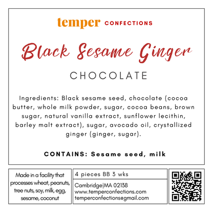 Temper Confections Black Sesame Ginger Chocolate label with ingredients and contact information.