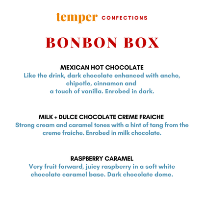Temper Confections bonbon box description with flavors listed on a white background