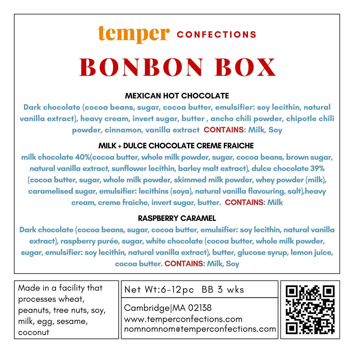Temper Confections Bonbon Box packaging with product details and contact information.