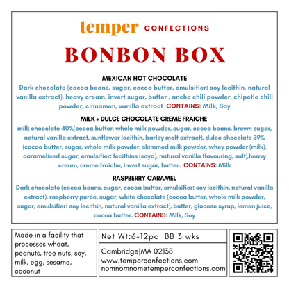 Temper Confections Bonbon Box packaging with product details and contact information.