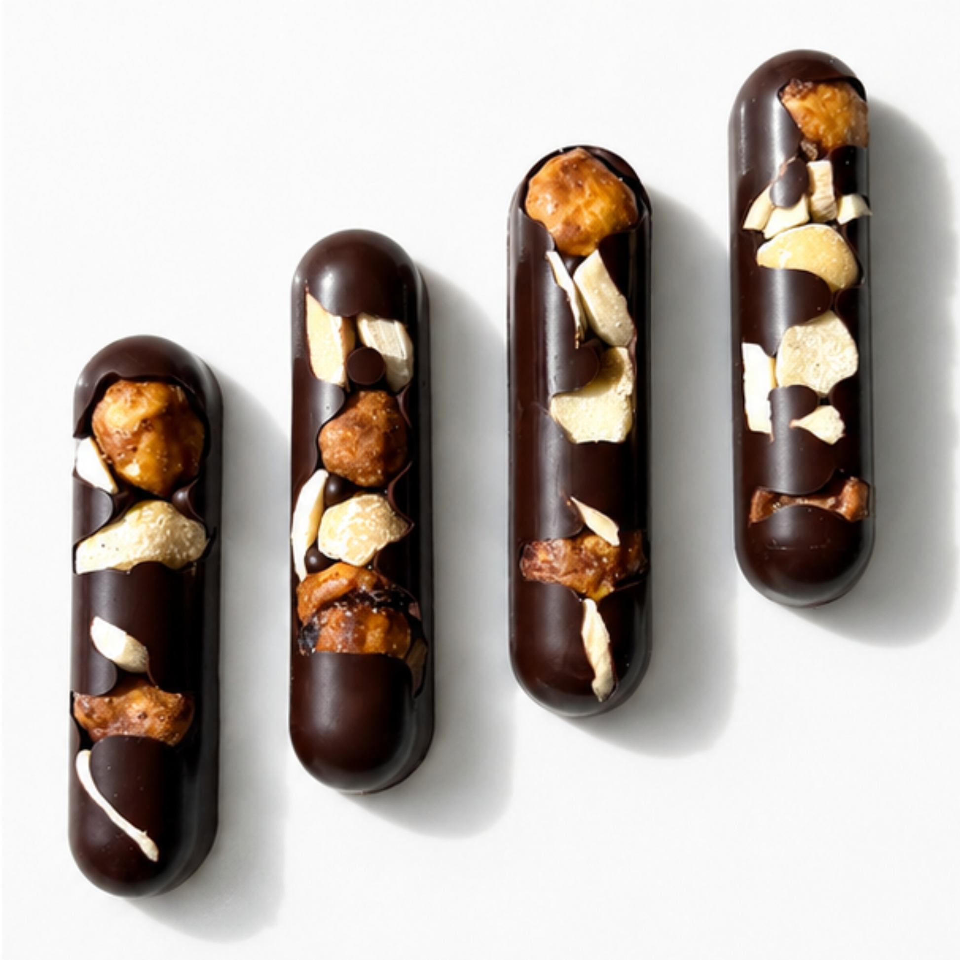 4 dark chocolate oblong bars studded with nuts on a white background