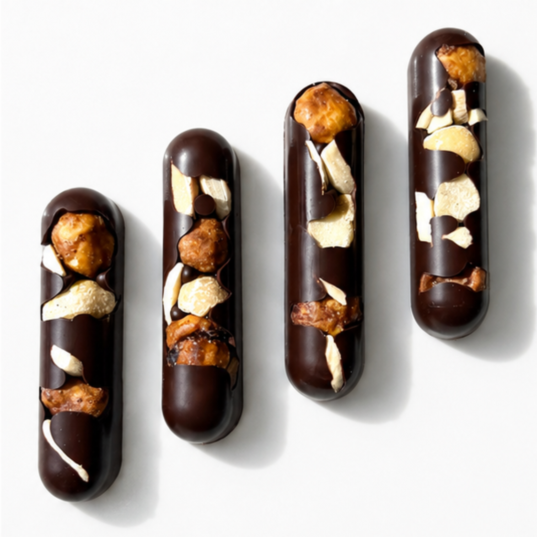 4 dark chocolate oblong bars studded with nuts on a white background