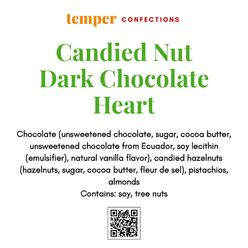 Product label for 'Candied Nut Dark Chocolate Heart' by Temper Confections with ingredient list and contact information.
