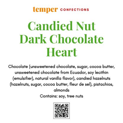 Product label for 'Candied Nut Dark Chocolate Heart' by Temper Confections with ingredient list and contact information.