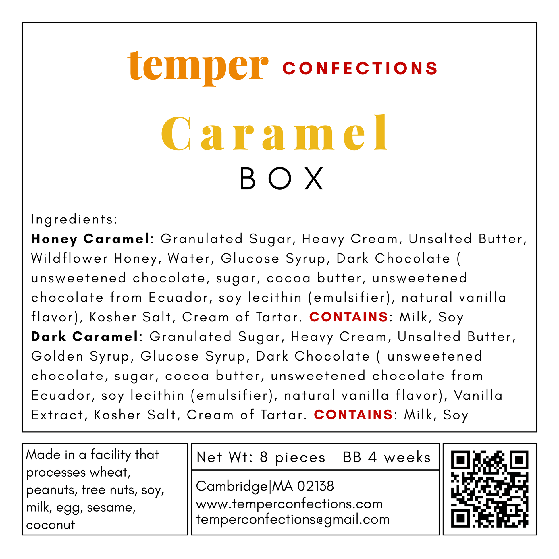 Temper Confections Caramel Box packaging with ingredient list and contact information.
