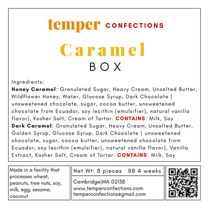 Temper Confections Caramel Box packaging with ingredient list and contact information.