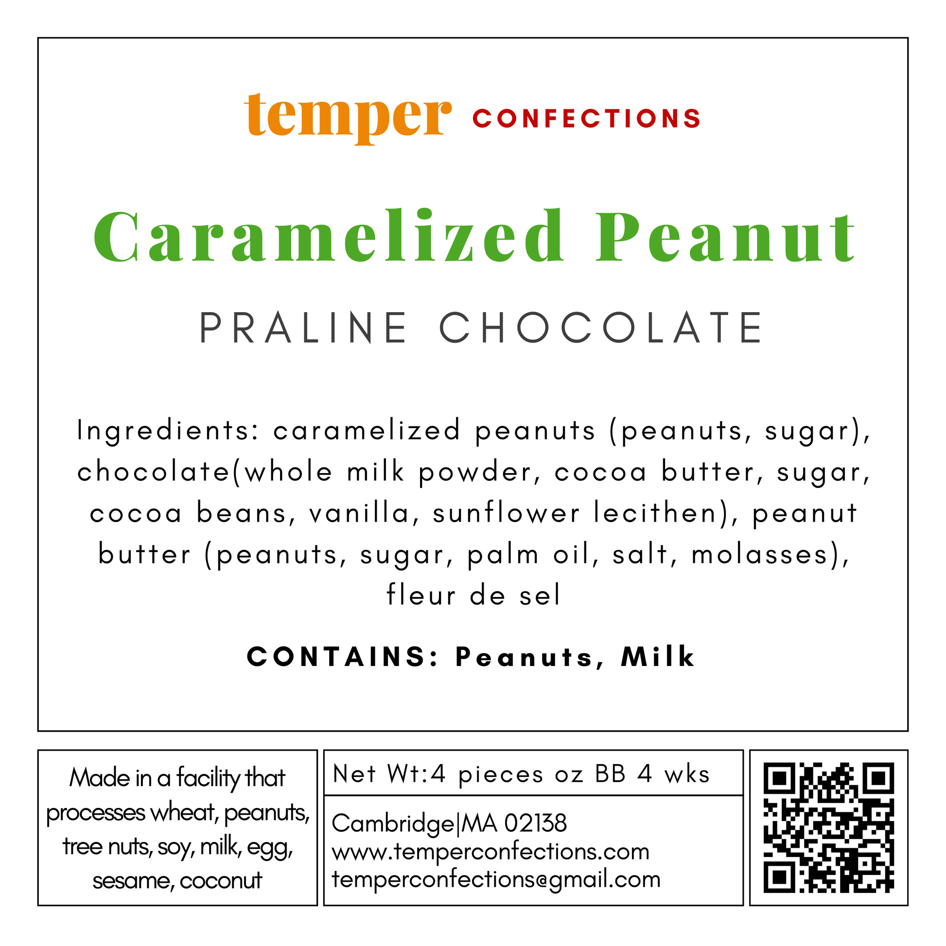 Label for Caramelized Peanut Praline Chocolate from Temper Confections with ingredients and contact information.