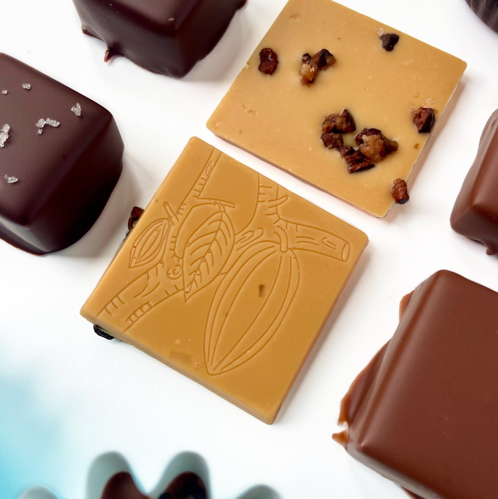 Square of caramelized white chocolate with candied cocoa nibs