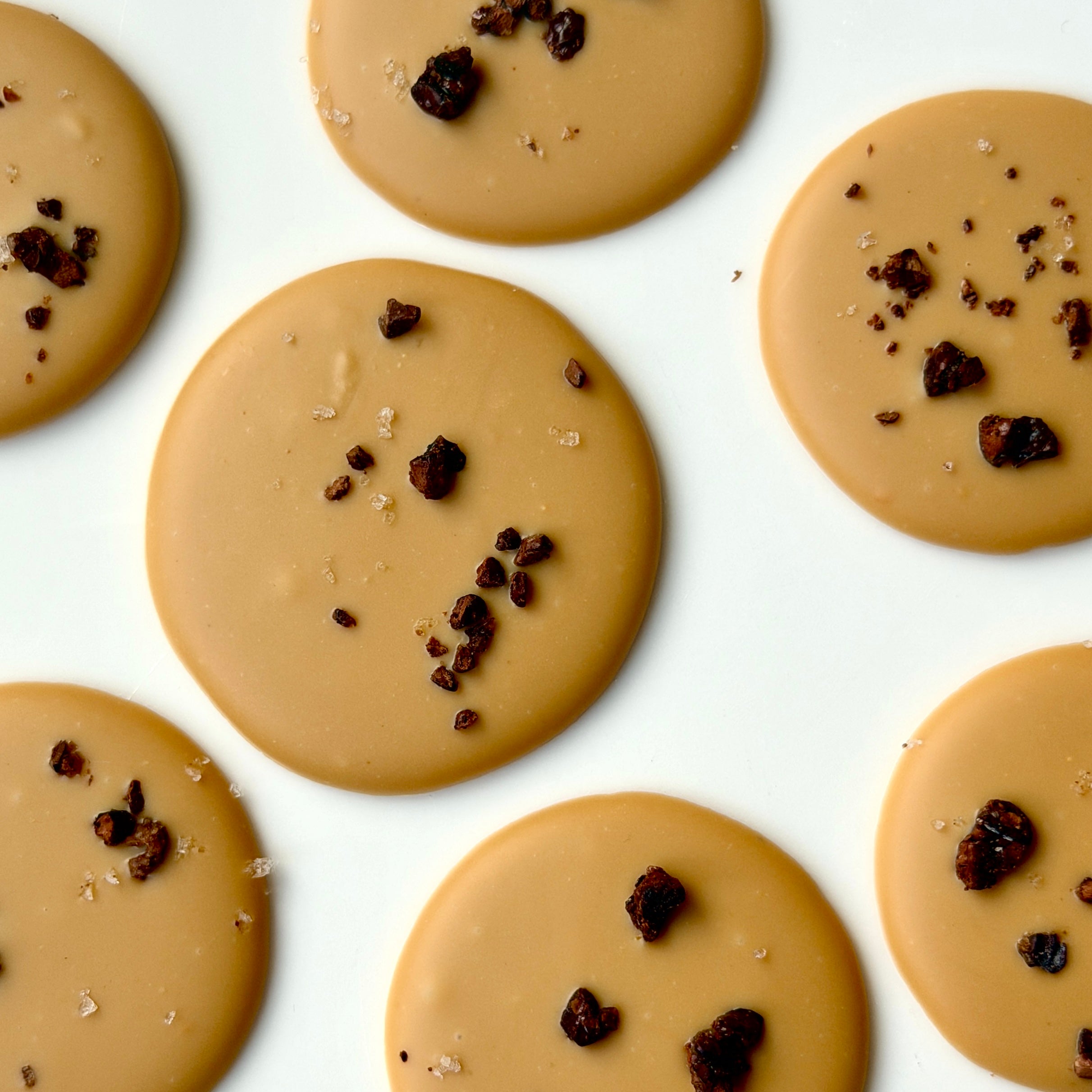 Round flat caramelized white chocolate discs with cocoa nibs on a white background