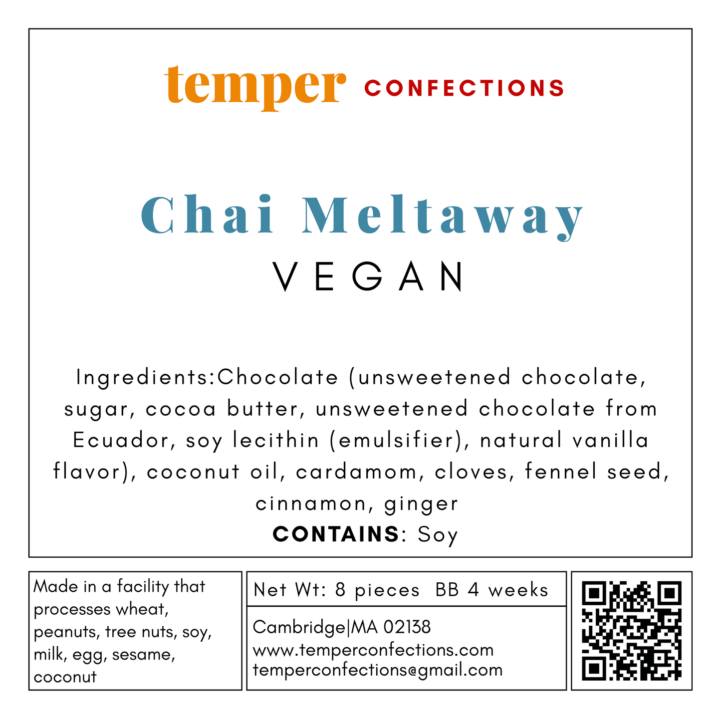 Temper Confections Chai Meltaway Vegan product label with ingredients and contact information.