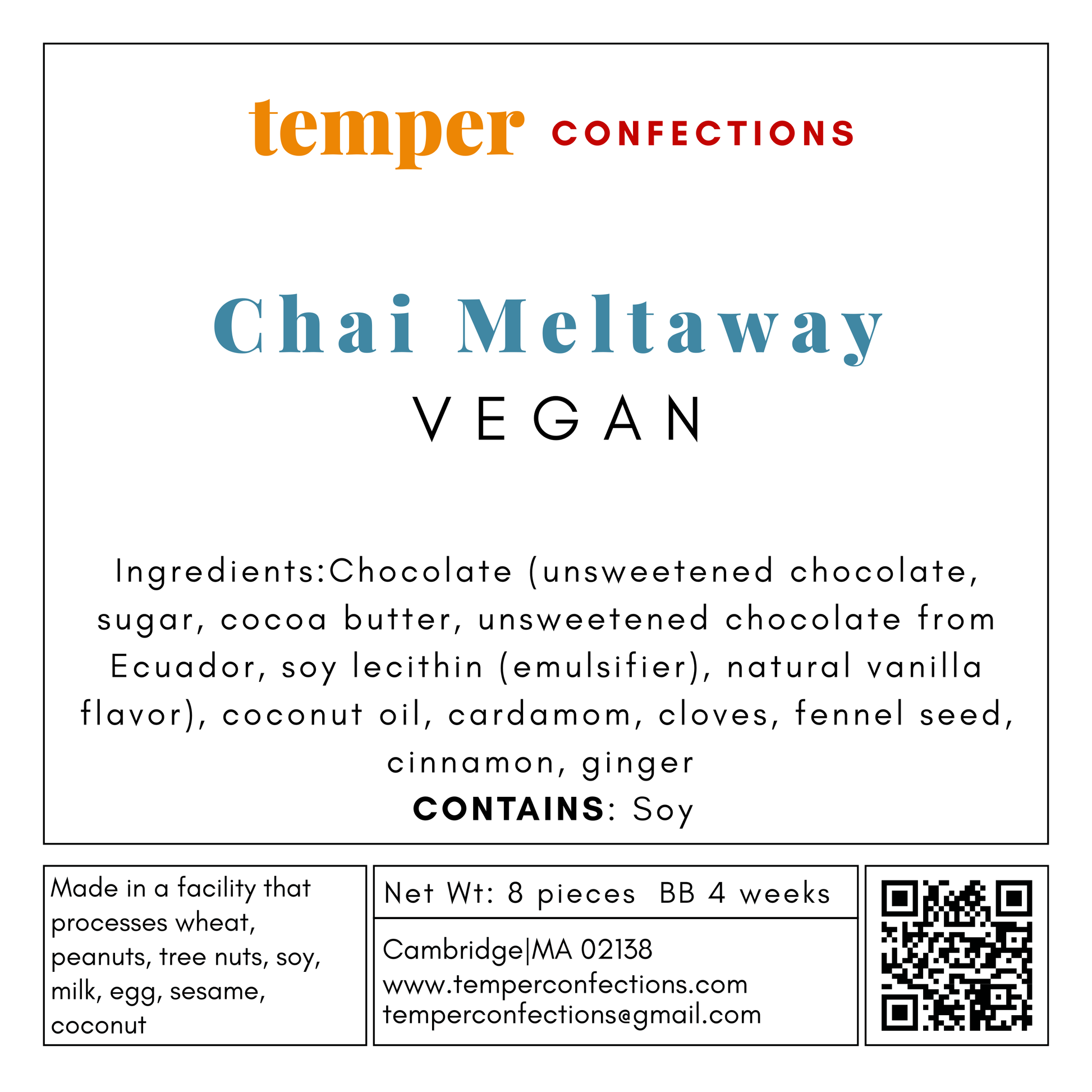 Temper Confections Chai Meltaway Vegan product label with ingredients and contact information.