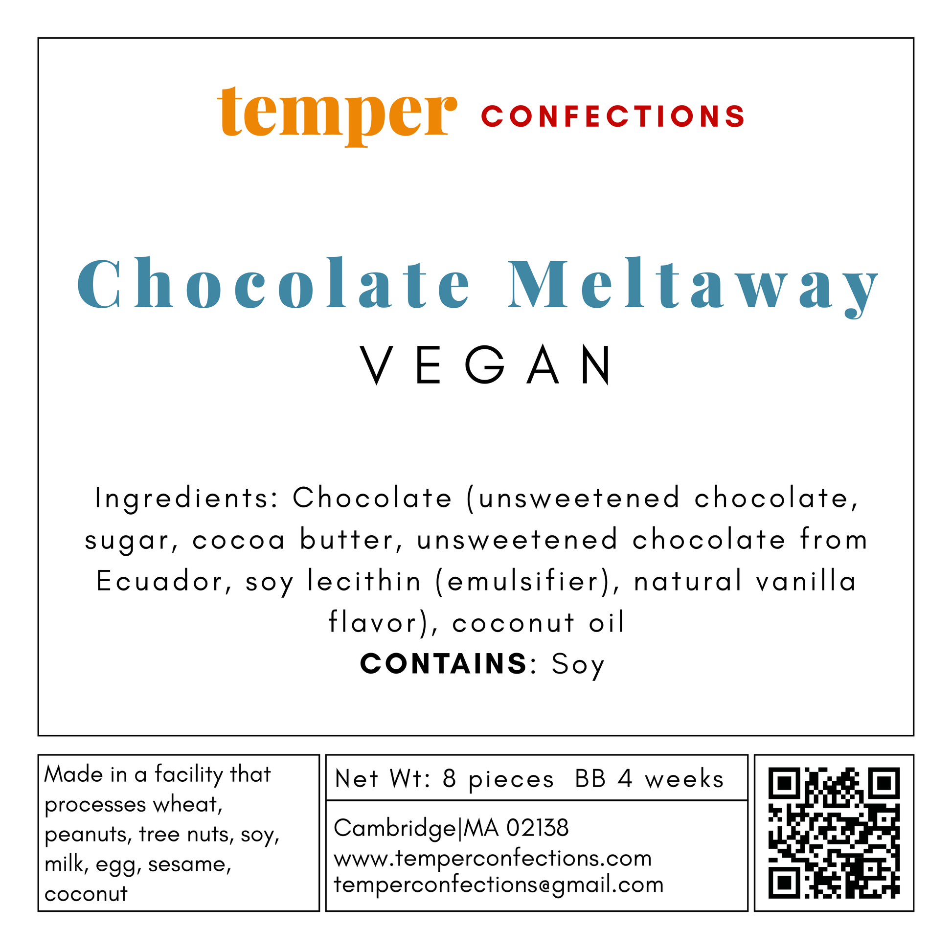 Ingredient label for chocolate meltaway