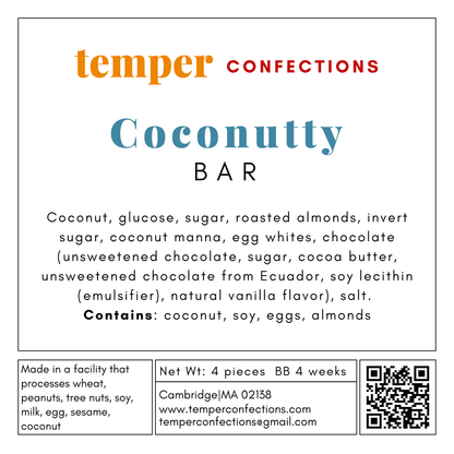 A square product label for Temper Confections Coconut Bar, showing the brand name 'temper CONFECTIONS' at the top, the product name 'Coconutty BAR' in large blue text, a list of ingredients, allergen information, net weight, website, email, and a QR code on a white background.