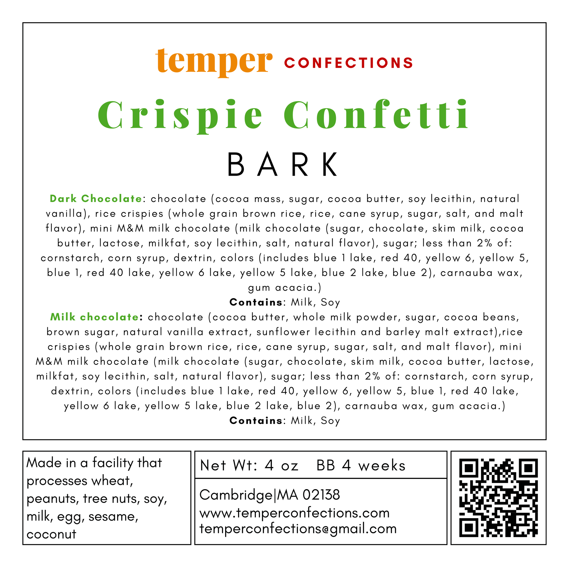 Temper Confections Crispie Confetti Bark label with ingredients and contact information.