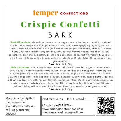 Temper Confections Crispie Confetti Bark label with ingredients and contact information.