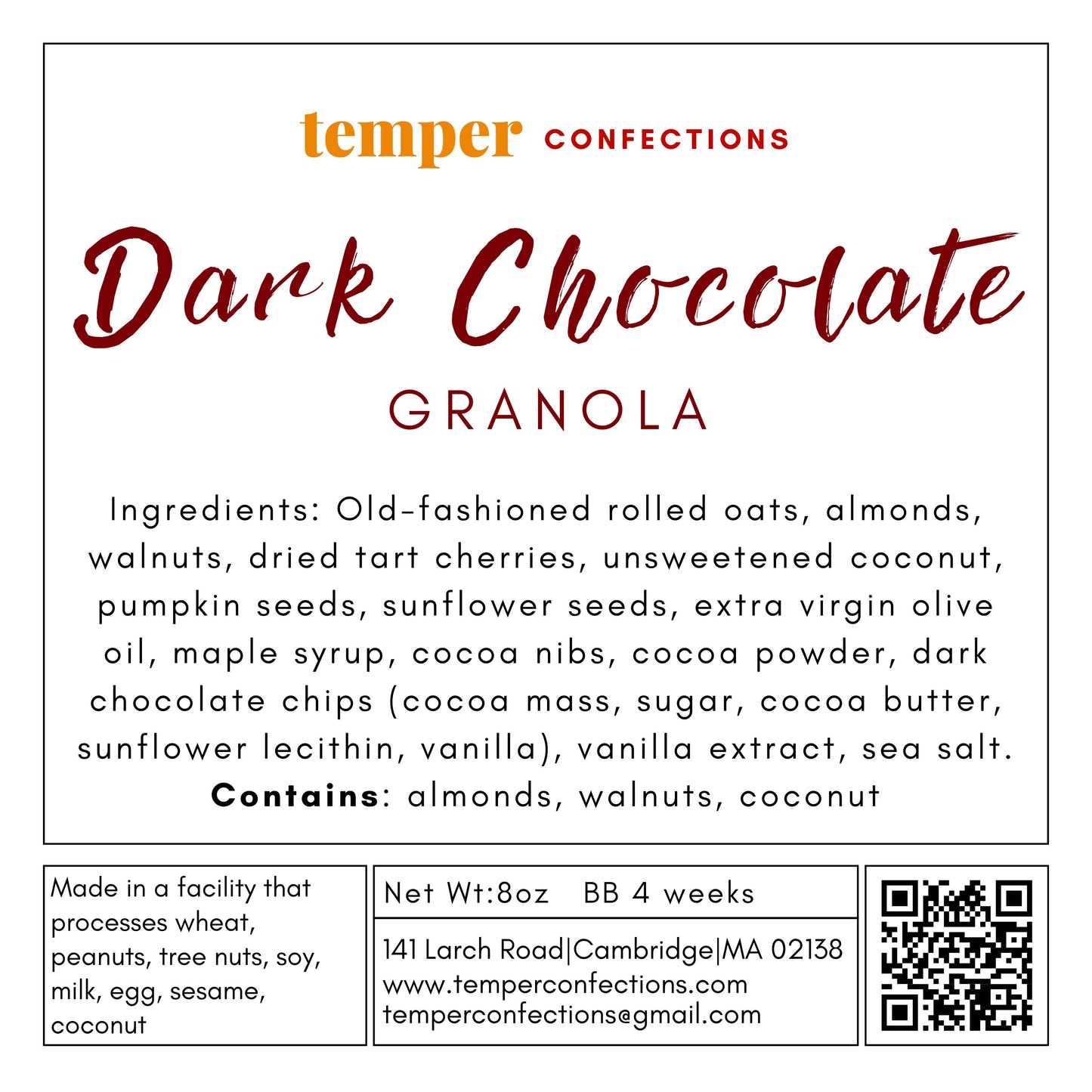 Ingredient Label for Dark Chocolate Granola