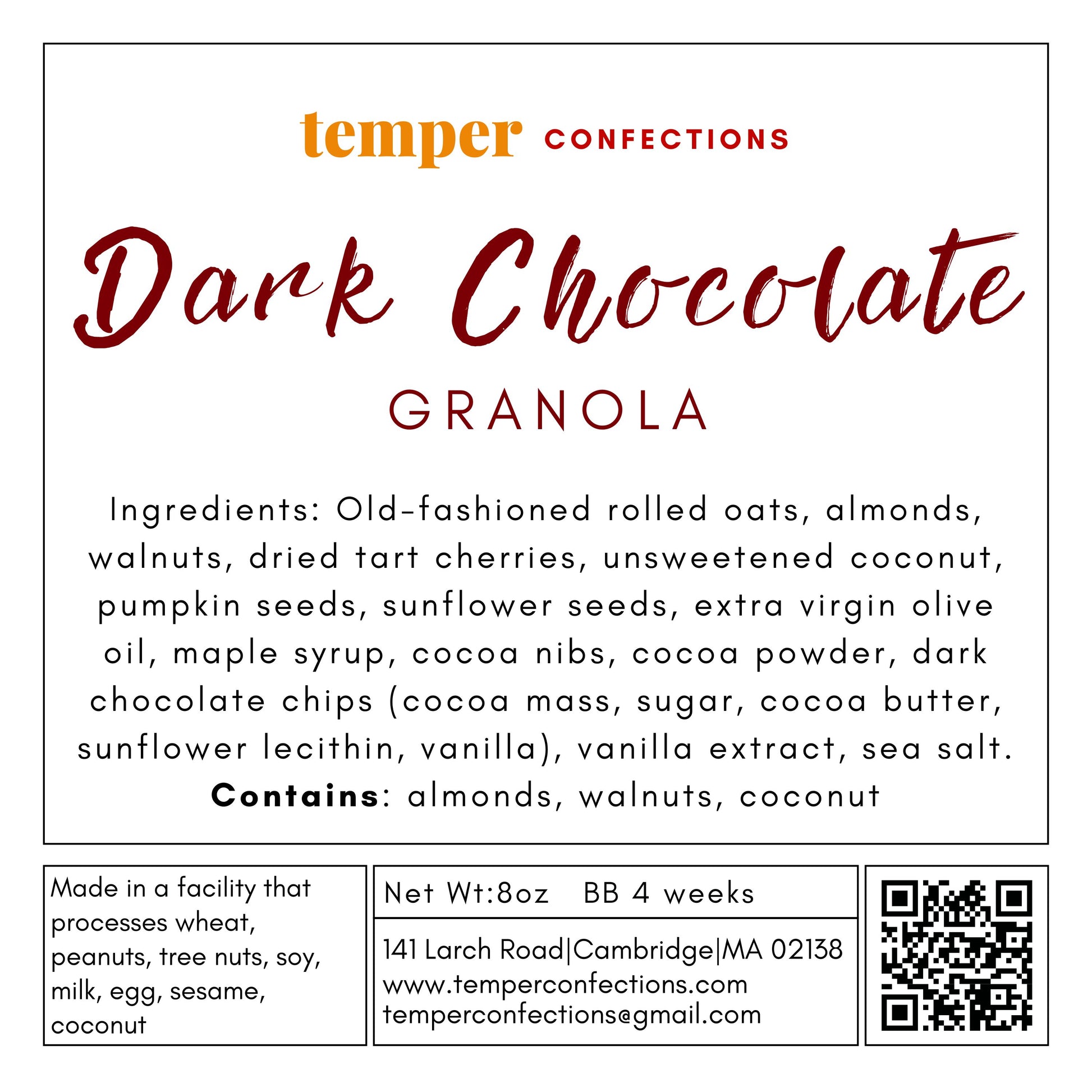 Ingredient Label for Dark Chocolate Granola
