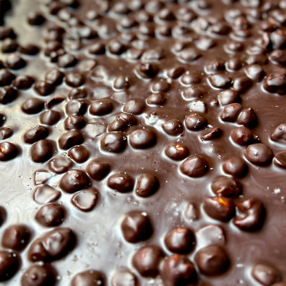 Thin dark chocolate bark studded with glossy candied hazelnuts and sprinkled with fleur de sel.